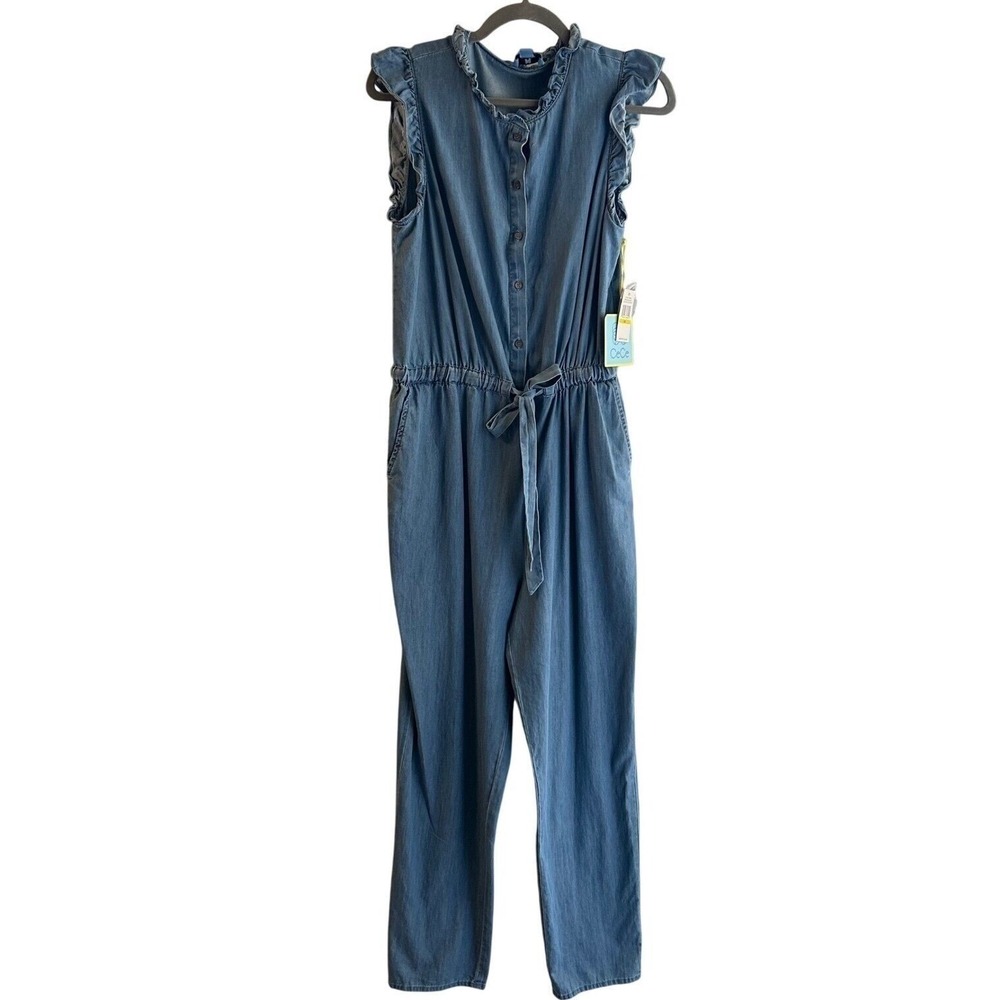 NWT $139 CeCe Sleeveless Denim Jumpsuit Ruffle Trim Button Front Casual Romper